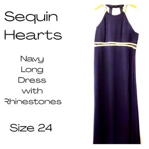 Sequin Hearts navy rhinestone long dress, sz 24